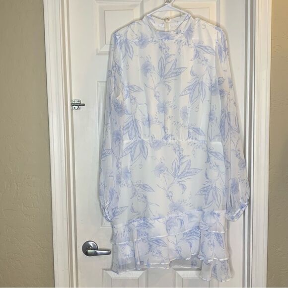 Express Dresses & Skirts - EXPRESS Blue and White Floral Tiered Ruffle Dress Size XL